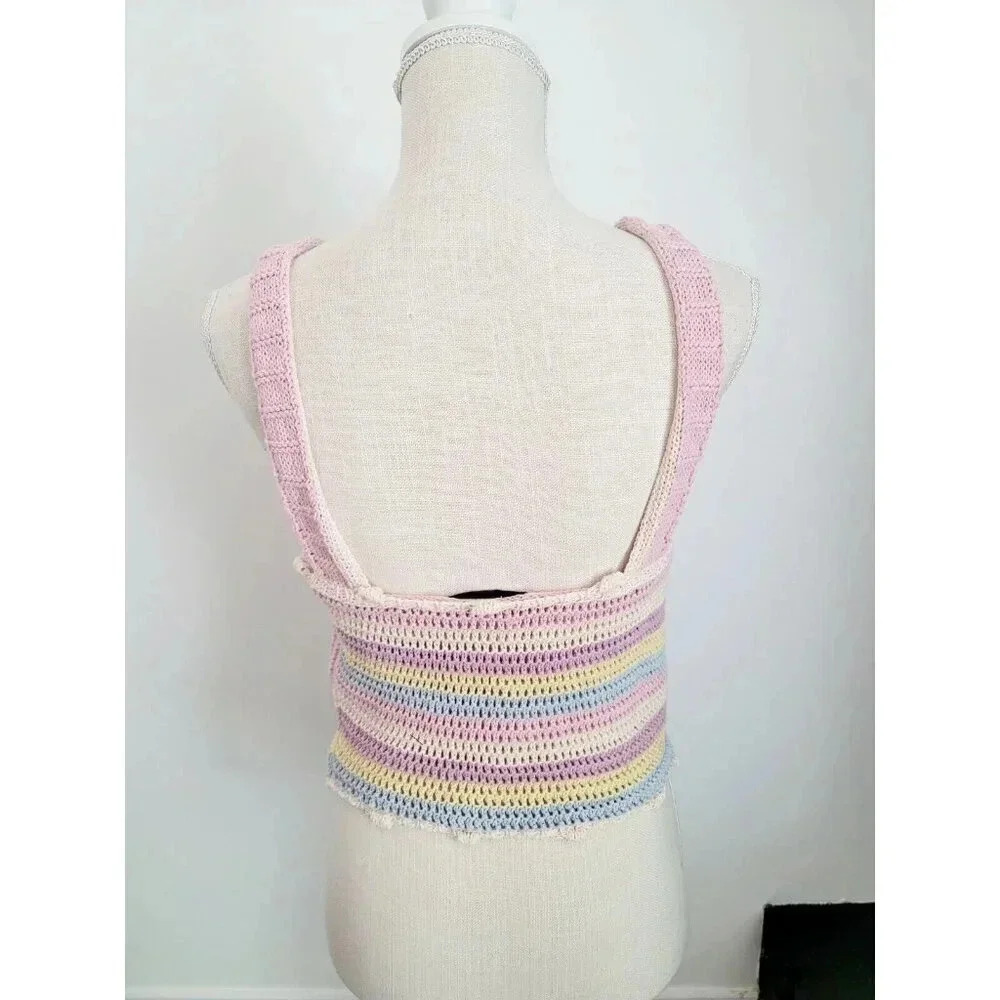 Zara Pastel Rainbow Crochet Knit Sleeveless Y2K 90s Crop Top Tank Cami M - Picture 7 of 9